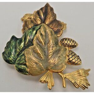 Vintage Signed KERISSA Autumn Fall Leaves Pine Cones Brooch Pin Gold Tone 2 1/4"